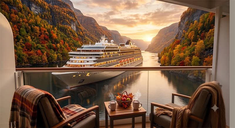 Blick von der Balkonkabine auf ein Kreuzfahrtschiff im herbstlichen Fjord